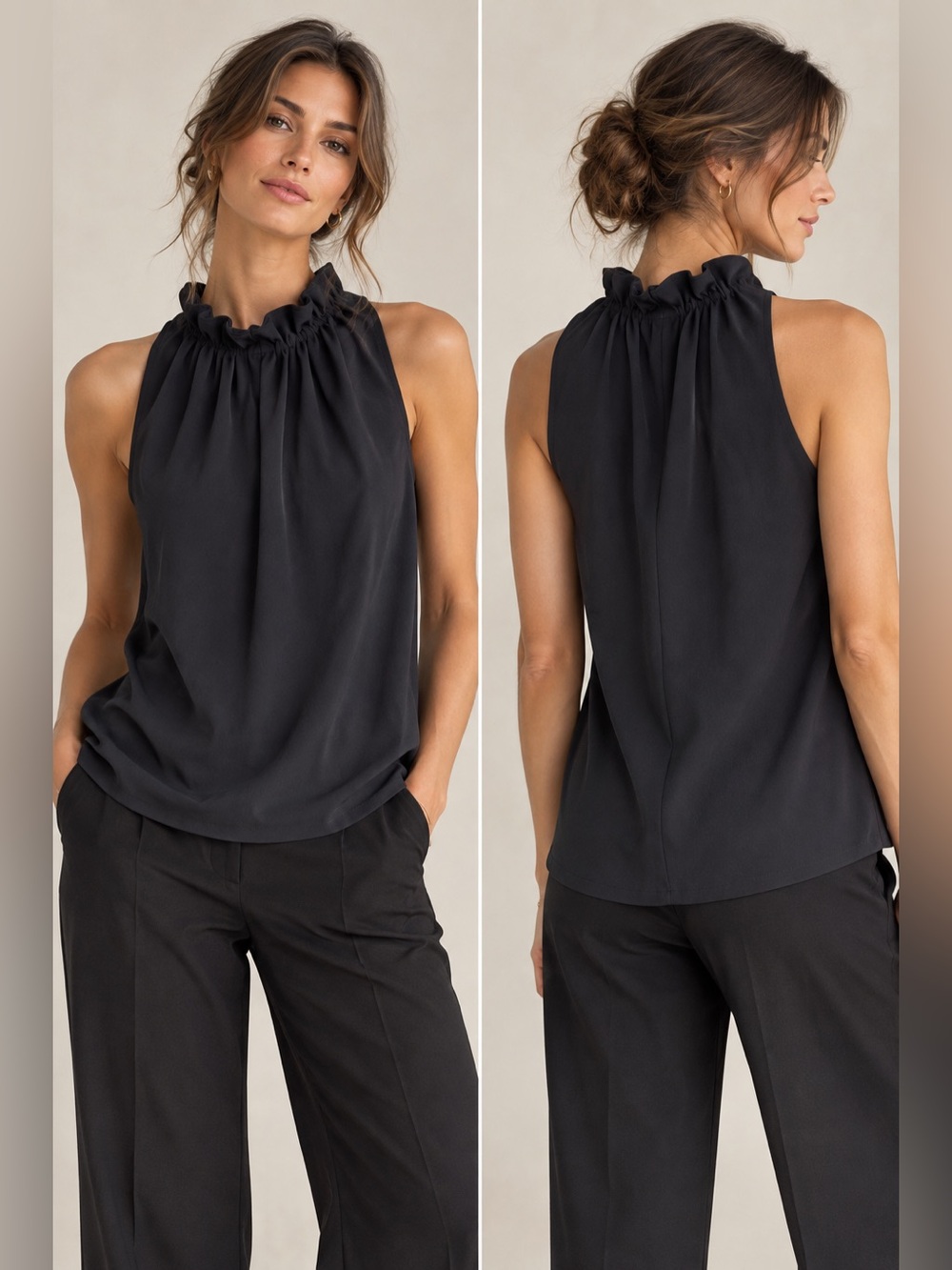 NEW Ann Taylor Black Sleeveless Funnel Mock Neck Gathered Ruffle Collar Large